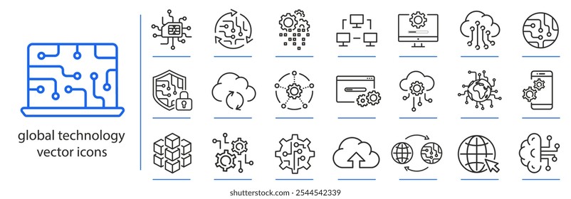 Globale Technologie-Icons, Datenanalyse-Icon-Set, Netzwerksicherheit, einfache Symbole, Linien-Vektorgrafik