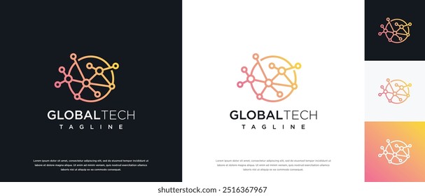 Conceito de vetor de design de logotipo de tecnologia global. Modelo de logotipo de pixel global. Ícone de símbolo de logotipo de tecnologia