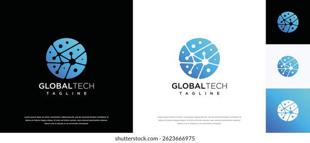 Conceito de vetor de design de logotipo de tecnologia global. Modelo de logotipo de pixel global. Ícone de símbolo de logotipo de tecnologia