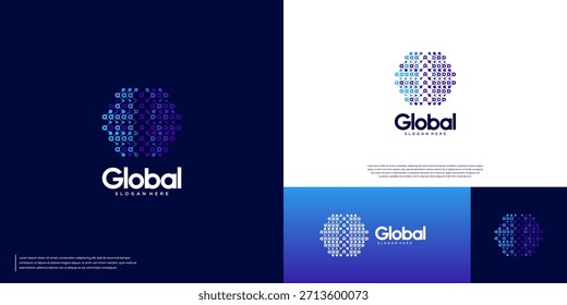 Logotipo de tecnología global con Formas moleculares interconectadas, que simboliza conexiones extensas, servicios digitales, Plantilla gráfica de Vector.