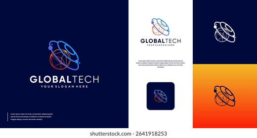 global technology logo with line art style, digital network system, orbit line, interconnected, vector design template.