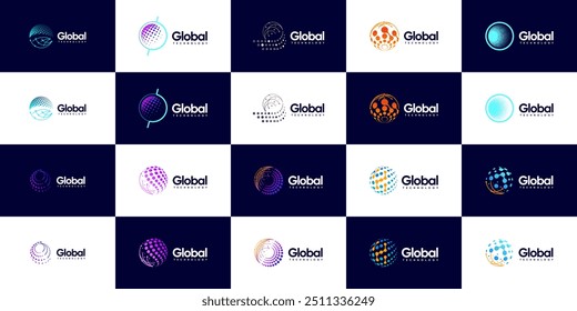 conjunto de logotipo tecnologia global, conexão de rede digital, globo abstrato, modelo de vetor de design.