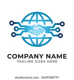 Global Technology Partnership Logo Design Blue Tech Handshake Globe, a symbol of international collaboration and digital advancement