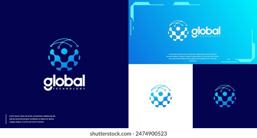 Solución de tecnología global, conexión de red, con concepto de globo, Plantilla de diseño de logotipo.