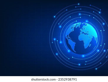 Global technology, the technology that covers the whole world contributes to the development of the economy and people's livelihoods. Vector illustration globe with circles around it