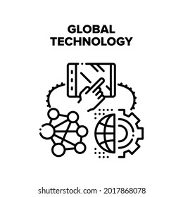 Global Technology Vector Icon Concept. Global Technology For Worldwide Communication And Online Video Call, User Using Digital Tablet Gadget For Network Connection Black Illustration