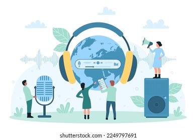 Global telecommunication, sound recording vector illustration. Cartoon tiny people pointing on Earth globe with headphones, using speakers and microphone to record radio podcasts, music and voice