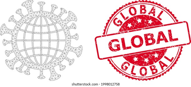 Global textured watermark and vector global coronavirus mesh model. Red stamp seal includes Global caption inside. Abstract flat mesh global coronavirus, created from flat mesh.