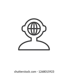 Global think outline icon. linear style sign for mobile concept and web design. Human head with globe simple line vector icon. Symbol, logo illustration. Pixel perfect vector graphics