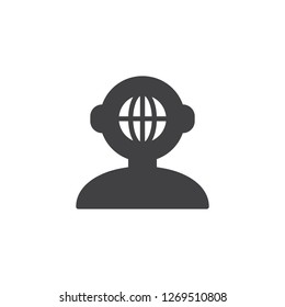 Global think vector icon. filled flat sign for mobile concept and web design. Human head with globe simple solid icon. Symbol, logo illustration. Pixel perfect vector graphics
