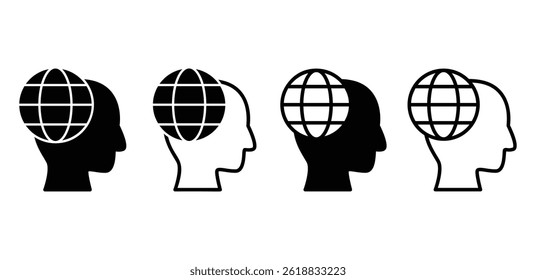 Global Thinking Concept Black and White Icon of Human Heads with World Globe Vector Design