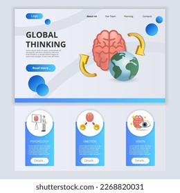 Global thinking flat landing page website template. Psychology, emotion, vision. Web banner with header, content and footer. Vector illustration.