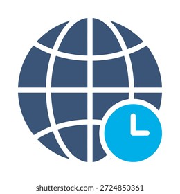 Ícone de tempo global azul plano vetor design mundo relógio símbolo fuso horário internacional logística de negócios agenda gráfico elemento sinal