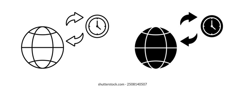 global time icon set. clock and globe transfer symbols. modern design isolated on white background