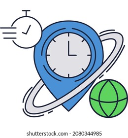 Weltweites Zeitsymbol. Vektorerplanet und Uhr, einzeln auf weißem Hintergrund. Digitale Innovation, futuristisches Design, Punktmarke für Navigationspunkte
