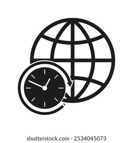 Icono de tiempo global. Símbolo del reloj mundial. Gráfico de zona horaria internacional. Ilustración de globo de Vector.