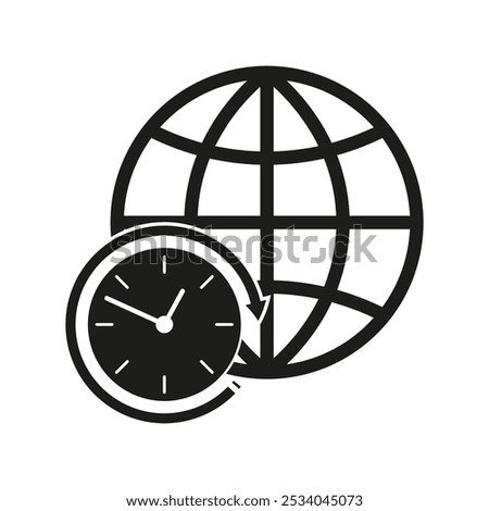 Global time icon. World clock symbol. International time zone graphic. Vector globe illustration.