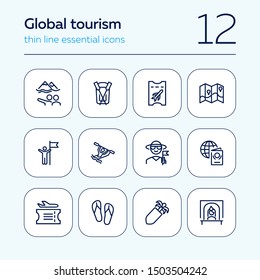 Global tourism icon set. Line icons collection on white background. Ticket, resort, destination. Journey concept. Can be used for topics like airport, rafting, traveling