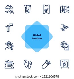 Global tourism icon set. Line icons collection on white background. Ticket, resort, destination. Journey concept. Can be used for topics like airport, rafting, traveling