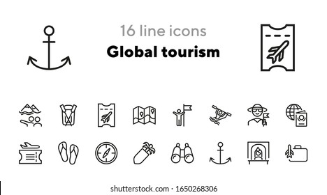 Global tourism line icon set. Trip, voyage, getaway. Adventure concept. Can be used for topics like vacation, summer, journey