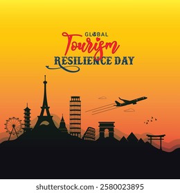 Global Tourism Resilience Day creative design tourism idea concept vector illustration, Global Travel Adventure, Around the World Trip, World Landmarks Travel Panorama