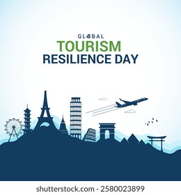 Global Tourism Resilience Day creative design tourism idea concept vector illustration, Global Travel Adventure, Around the World Trip, World Landmarks Travel Panorama