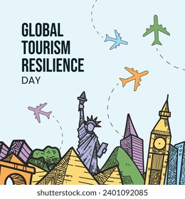 Global Tourism Resilience Day, World Tourism Day, creative, concept, background, Famous Landmark Illustration, travel, vector illustration, social media post, Greeting card, Travel business promotion