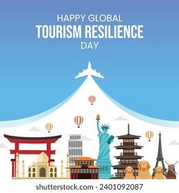 Global Tourism Resilience Day, World Tourism Day, creative, concept, background, Famous Landmark Illustration, travel, vector illustration, social media post, Greeting card, Travel business promotion