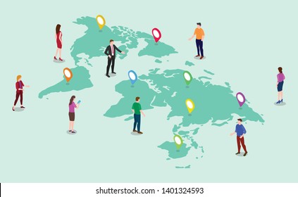 global tracking concept with team people men and woman with world maps and tag marker gps location with isometric 3d style - vector