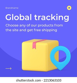 Global tracking parcel delivery postal service cargo monitoring map pin cardboard box social media post 3d icon vector illustration. International freight shipment GPS position navigation system