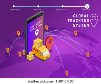 Global tracking system Delivery service online isometric design with smartphone, truck, boxes on map Earth. GPS navigation smart logistics and transportation concept. Vector isolated illustration web