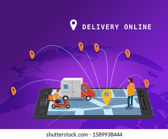 Global tracking system Delivery service online isometric design with smartphone, user man, markers, truck, scooter on map Earth. GPS navigation smart logistics and transportation concept. Vector