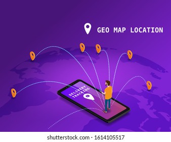 Global tracking system Delivery service online isometric design with smartphone, user man, markers, boxes on map Earth. GPS navigation smart logistics and transportation concept. Vector isolated