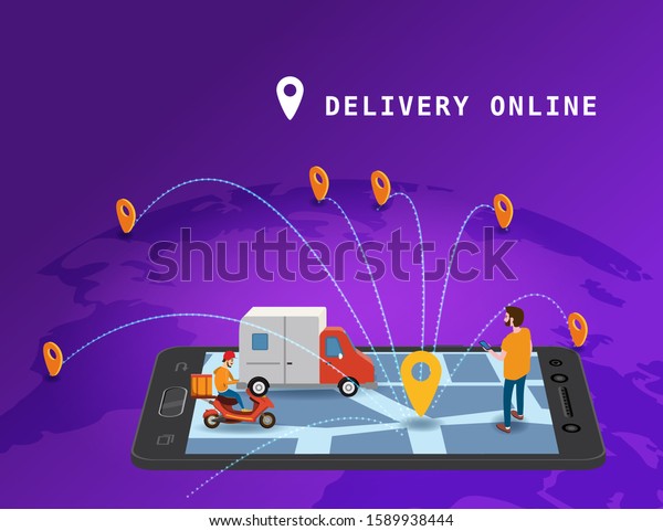 Global tracking system Delivery service online\
isometric design with smartphone, user man, markers, truck, scooter\
on map Earth. GPS navigation smart logistics and transportation\
concept. Vector