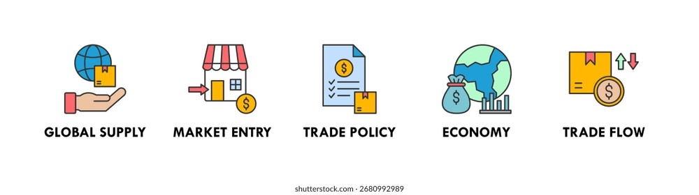 Global Trade banner ícone da web ilustração conceito com ícone de suprimento global, entrada de mercado, política comercial, economia e fluxo comercial