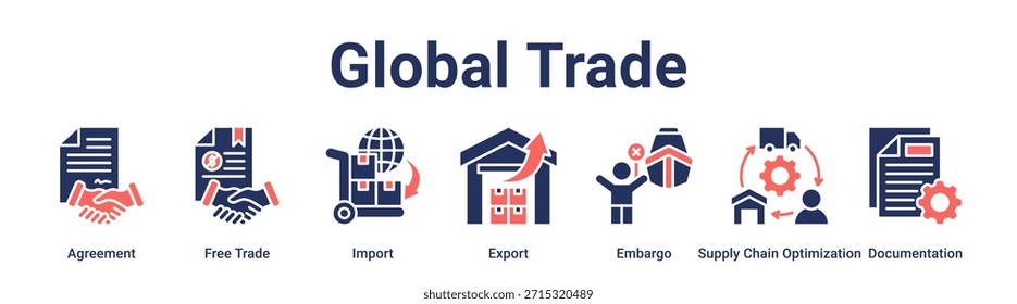 Concepto de Ilustración vectorial de ícono de Web de Anuncio de comercio global para negocios con ícono de Acuerdo, libre comercio, importación, exportación, embargo, optimización de la cadena de suministro.