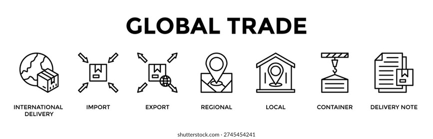 Global Trade Banner Web Icon Set Collection Pack Vector Illustration Concept For International Delivery, Import, Export, Regional, Local, Container, Delivery Note
