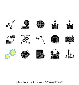 Global trade black glyph icons set on white space. World economics, investment and income. Export and import, business assets and natural resources. Silhouette symbols. Vector isolated illustration