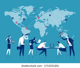 Global Trade. Business Vector Illustration. The Team Works In Front Of World Map.