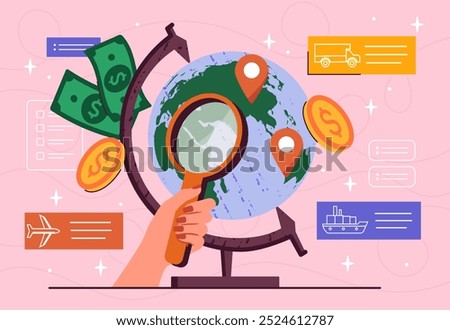 Global trade concept. Hand with magnifying glass near planet with GPS navigation. Globalization and business expansion, international trade. Flat vector illustration isolated on pink background