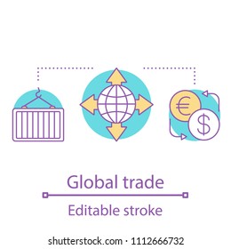 Global trade concept icon. Products export idea thin line illustration. Freight transportation. International distribution. Vector isolated outline drawing