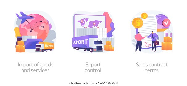 Global trade, distribution and logistics metaphors. Goods and services import, export control, sales contract terms. Maritime, air and land shipment abstract concept vector illustration set.
