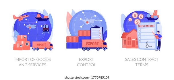 Global trade, distribution and logistics metaphors. Goods and services import, export control, sales contract terms. Maritime, air and land shipment abstract concept vector illustration set.