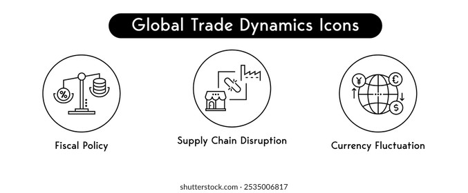 Ícones Da Dinâmica Do Comércio Global: Flutuação De Moeda, Interrupção Da Cadeia De Suprimentos, Política Fiscal. Ícones de linha editáveis por vetor.