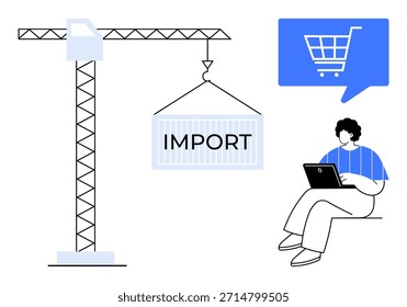 Comercio mundial, comercio electrónico, envío, logística, negocios internacionales, cadena de suministro. Una grúa que levanta un contenedor de importación, una persona con una computadora portátil y un ícono de Carrito de compras en línea. Comercio mundial