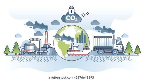 El comercio mundial y sus efectos ambientales a partir del concepto de esquema de gases de efecto invernadero. La contaminación por CO2 como peligro de dióxido de carbono para el calentamiento del clima con una gran ilustración vectorial de la huella. Industria logística.