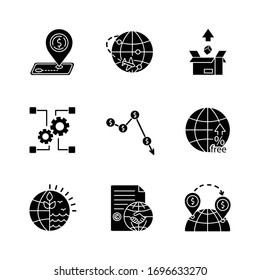 Global trade, export and investments black glyph icons set on white space. Taxes and non-tariff barriers, international agreements and goods delivery. Silhouette symbols. Vector isolated illustration