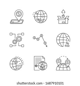 Global trade, export and investments pixel perfect linear icons set. Taxes and non-tariff barriers. Customizable thin line contour symbols. Isolated vector outline illustrations. Editable stroke