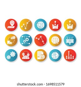 Global trade flat design long shadow glyph icons set. World economics, investment and income. Export and import, business assets and natural resources. Silhouette RGB color illustration