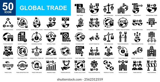 Global Trade icon collection set. Fair trade, global business, international business, global marketing, global economy icon. Simple glyph vector.